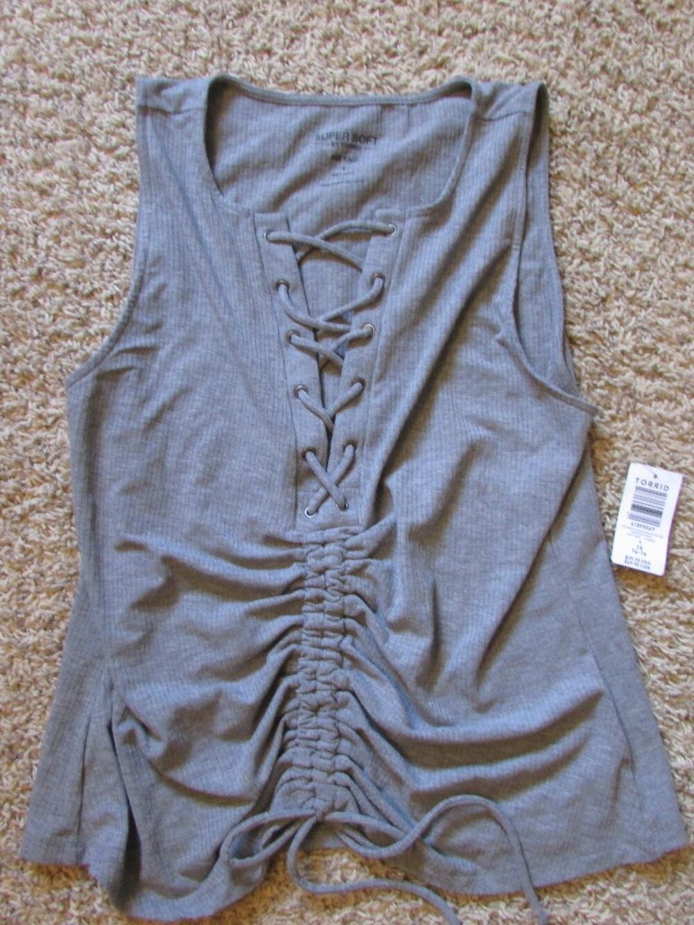 NWT Torrid Super Soft Ribbed Knit Gray Lace-Up Ruched Tank Top 1X 14/16